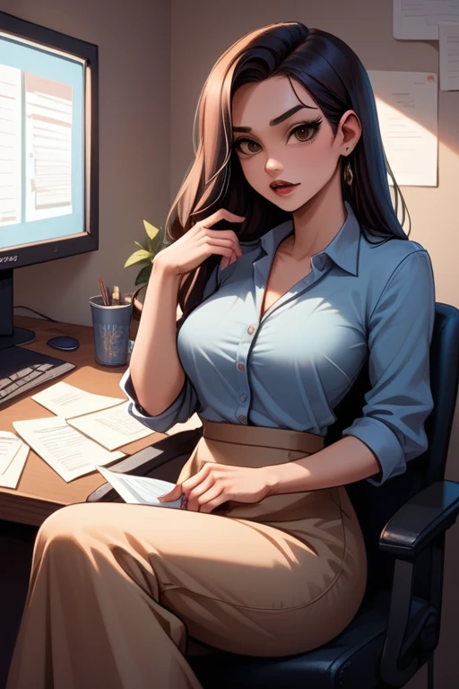 tall woman(brown eyes; long, straight black hair; large breasts), Disney-style cgi, business casual attire; indoor high-tech office; futuristic; dystopian; missionary; best quality; trending on artstation; complex volumetric lighting