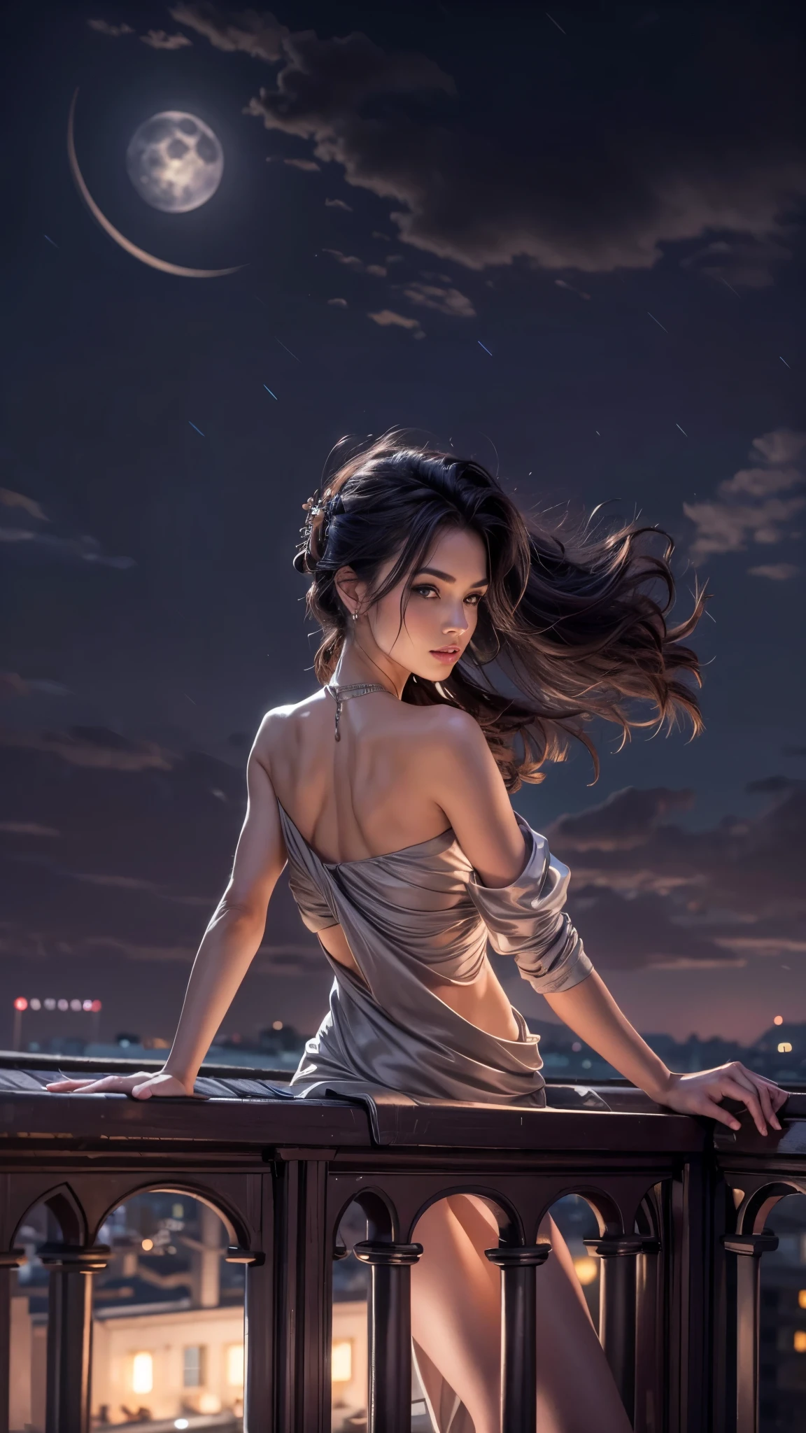 (32k:1.5, Highest quality, masterpiece, Ultra-high resolution), Perfect dynamic composition, Professional camera work:1.6, Highly detailed skin and face textures:1.3, Mysterious portrait:1.3, Very accurate, Very detailed, 1 adult female, ((Amazing night view from the rooftop, The moonlight at night illuminates my body)), (Satin Nightgown:0.5), Incredibly slim body, Fair skin, elegant features, Expressions of sadness, (Big eyes that exude beautiful eroticism:0.8, Sad expression:1.0, I love you with all my heart:0.8, Open your mouth a little, lipstick, Feel the beautiful eroticism:0.8), (Wet dark brown medium length hair), Candles, The chest is medium, Earrings, necklace, bracelet, romantic, Tilt, get up, ((Adult charm, Feminine charm, Hair blowing in the wind))