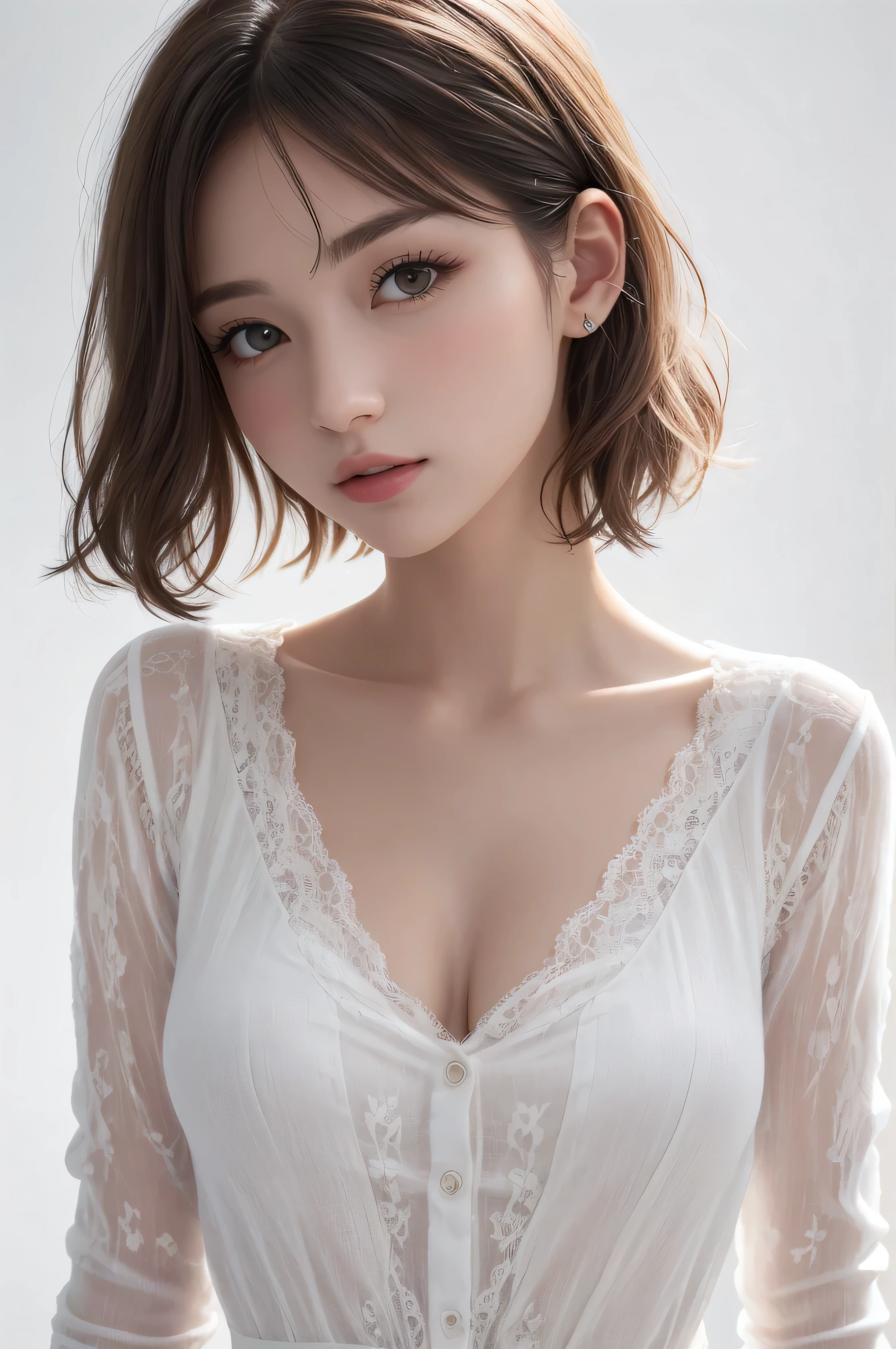 8k Ultra HD、RAWphotograph、Model photo shoot、 European laces、(masterpiece、highest quality、Realistic、High resolution、photograph:1.3)、close、focus on、Hot Model、slim、30 year old mature woman、Small face、No makeup、short hair、Beautiful dark brown Hayne eyes、Genuine Skin、(Perfect body)、Sexy hot face、erotic、sexual sight、slim、shirt、Long sleeve、Hide your chest、Beautiful eyes in every detail、Glossy lips、Small breasts、Small breasts、Bust B cup、((Bright light、Dynamic Lighting、Genuine、Super Genuine、 Realism、Genuine details、Cool Beauty、Cool pose、Background white、Plain white background