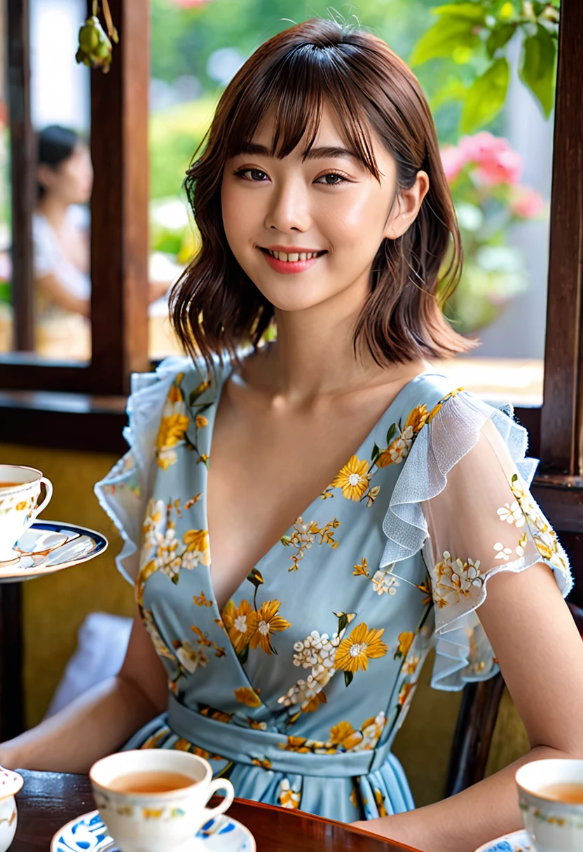 (Highest quality,8K quality,masterpiece:1.3),(Ultra-high resolution,Realistic:1.4,Live Shooting),(Very detailed,Caustics),(Ultra-Realistic Capture,(((Afternoon tea))),Beautiful and detailed skin),19 years old,Beautiful Japanese, Medium Hair, Asymmetrical bangs, Brown Hair, I'm looking at the camera with a smile on my face,Soft Light,A ray of light shining from above,Natural light，((Summer Dresses))，(((One Woman))),Cafe Terrace,Tea making facilities