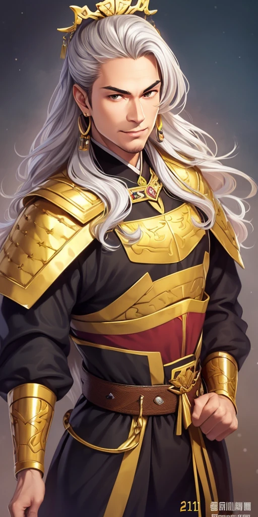 beautiful young man, (platinum hair), ((very long curly hair)), perfect face, innocent smile, stem,(cerulean eyes), (Jan), (small), (delgado), ((21 years old)), skin dentures, extreme detail, charming oval face, glowing skin, detailed hair, face focus, gold studded necklace, Gold earrings, embarrassed expression, Chinese armor