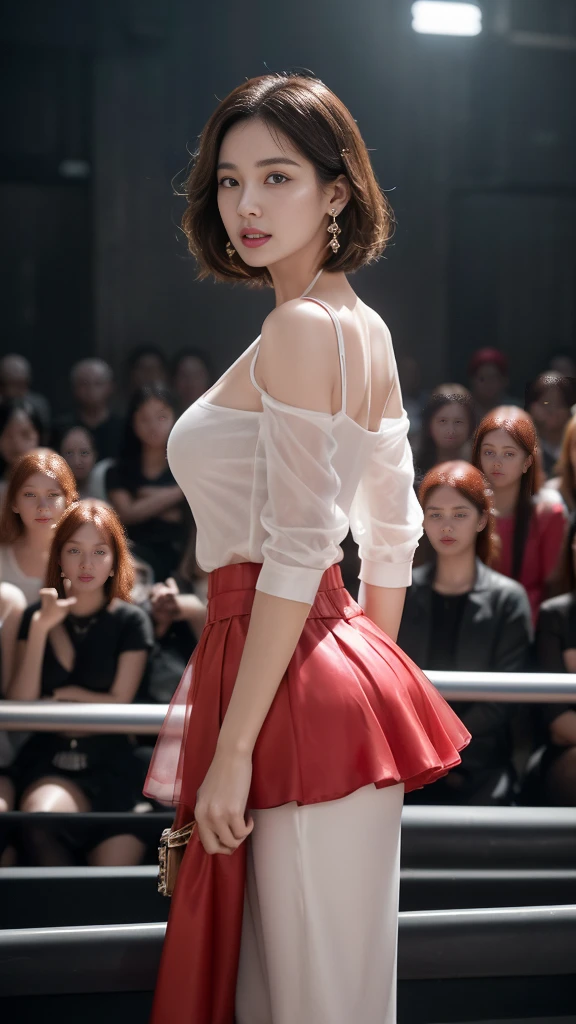 8k, masterpiece, RAW photos, best quality, Reality, extremely detailed CG unity 8k wallpaper, Depth of Field, light, lens flare, Ray Tracing, (Extremely beautiful face, Beautiful lips, beautiful eyes), Complex facial details, ((Ultra-delicate skin)) 1 Girl, in the darkness, Deep Shadows, Beautiful Korean girl, Korean Idol,(Very slim slender fit-muscled body:1.3), ((Looking at the audience)),(A bright smile:1.3), (Fashion City Night, (Neon), (Blurred background), midnight, (nobody), (Background nobody:1.3), Beautiful Korean girl, White Diamond Earrings, Diamond Bracelet, Deya Necklace, Pantyhose, Clear eyes, walk , front Photo, (Pale skin), Facing forward, (big eyes), full-body shot, ((see through, White top)), ((Red Skirt :1.3)), (Brown hair) (Looking at the audience:1.3), (Lace), Very slim, Medium breasts, Hermès bag