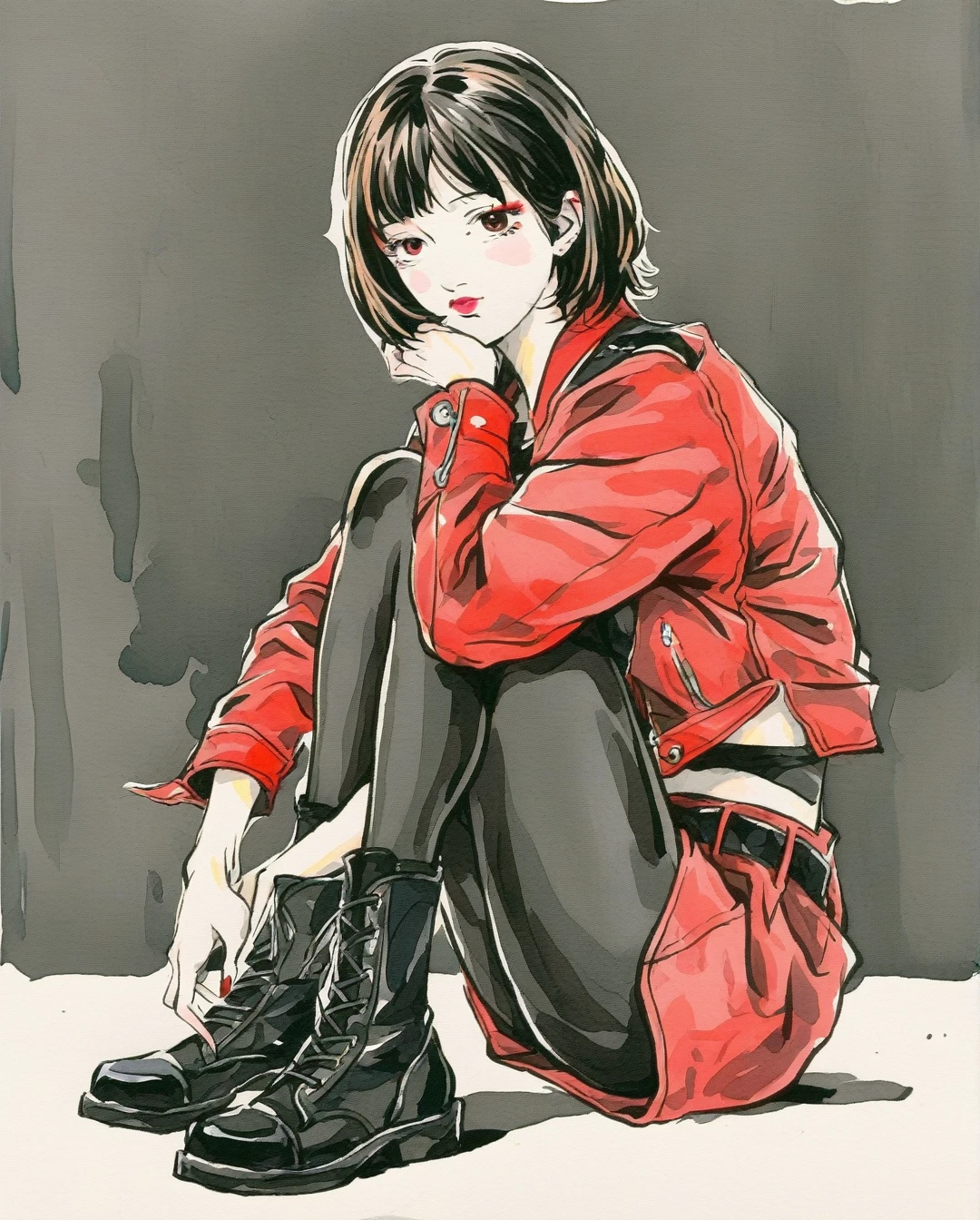 amano yoshitaka, a full-body, high-resolution anime style of A woman with black pixie cut hair, dressed in black tights, black boots, black crop top, and red leather jacket