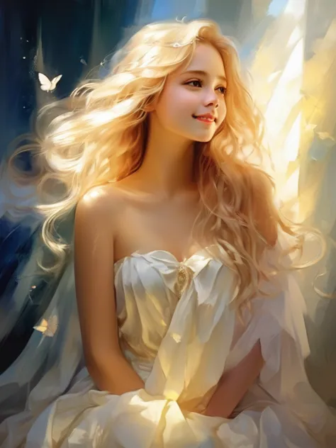 1 angel girl, wings on your back、blonde, long hair, alone、smile、magic, strapless white dress、hopeful face、