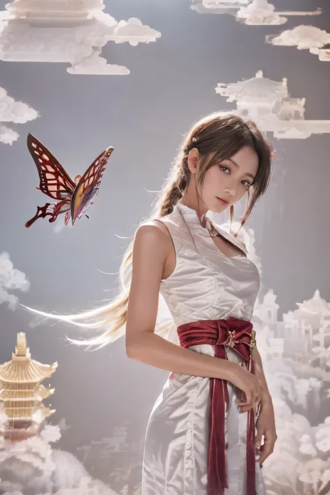 1girl,，pagoda，cloud,Butterfly