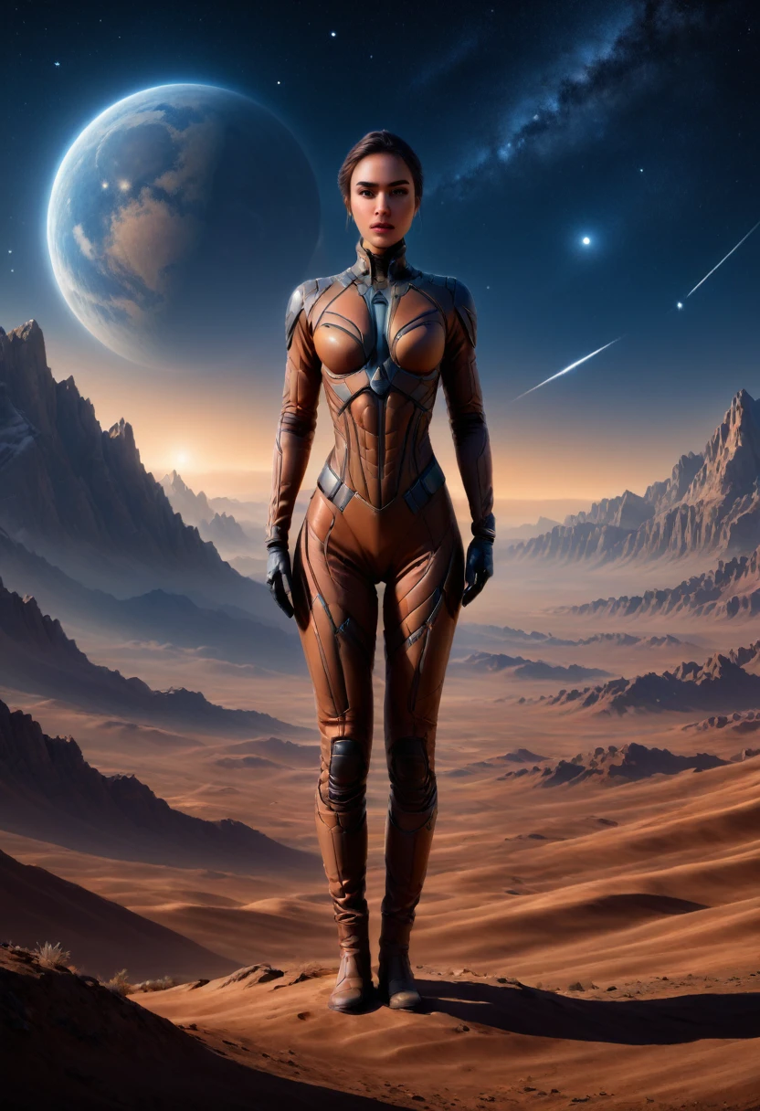 Breathtaking image of a attractive solitary person, sofiaboutella woman, wearing stillsuit, human head with natural skin, symmetrical arms, wearing boots and gloves, standing tall and proud, their gaze fixed on the horizon, exudes an aura of quiet confidence and determination, starry sky at night, athletic, sense of wonder and curiosity, ultra-realistic rendering makes the image feel almost tangible, stunning piece of artwork is a testament to the power of visual storytelling, transporting us to a world of grand adventures and epic discoveries, style of Raymond Swanland and Edward Blair Wilkins, 