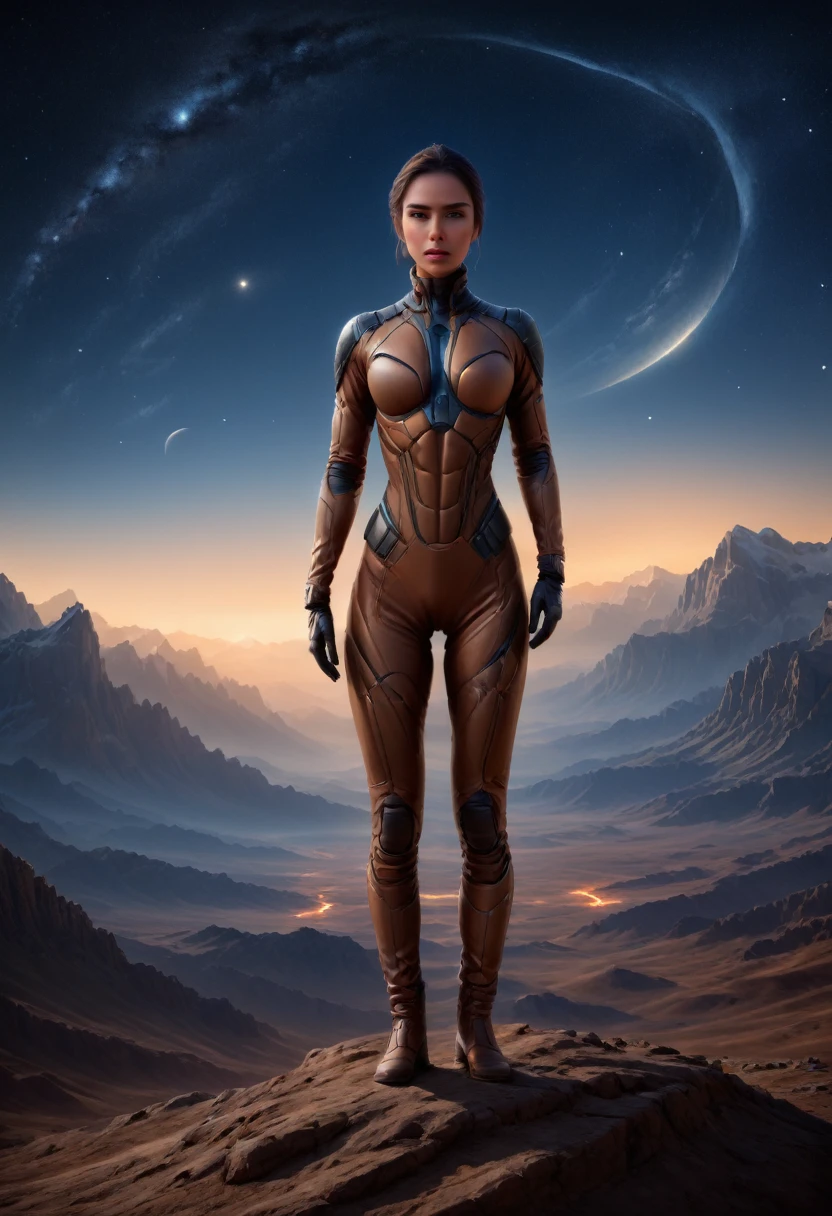 Breathtaking image of a attractive solitary person, sofiaboutella woman, wearing stillsuit, human head with natural skin, symmetrical arms, wearing boots and gloves, standing tall and proud, their gaze fixed on the horizon, exudes an aura of quiet confidence and determination, starry sky at night, athletic, sense of wonder and curiosity, ultra-realistic rendering makes the image feel almost tangible, stunning piece of artwork is a testament to the power of visual storytelling, transporting us to a world of grand adventures and epic discoveries, style of Raymond Swanland and Edward Blair Wilkins, 