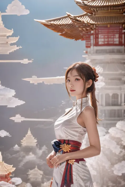1girl,，pagoda，cloud,Butterfly