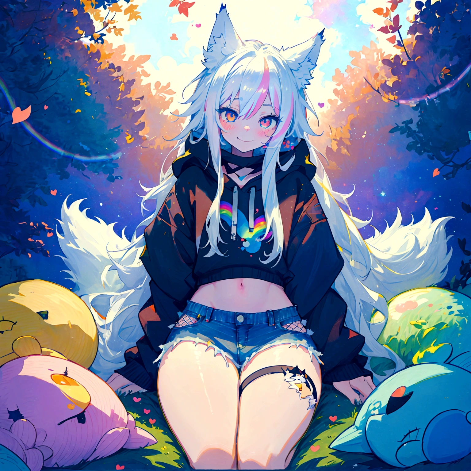 a cute adult male with wolf ears, long white hair, long locks, has a wolf tail, wearing a loose cropped black hoodie, wearing a pair of denim short shorts and fishnet stockings, thick thighs, wide hips, relaxing on mountain of fluffy multi colored kawaii plushies, short, very slim, showing slender tummy, heart on hoodie, squishy thighs, has glowing blue eyes. alone, solo (ALONE)(SOLO), surrounded by rainbows, colorful galaxy backround, smiling, ontop of a pile of fluffy plushes, plushies everywhere, kawaii plushies, surrounded by bubbles, surrounded by rainbow leaves