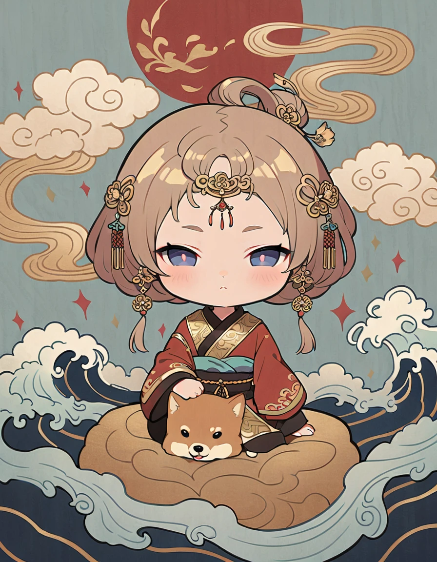 Dunhuang art style illustration,A small Shiba Inu monk sitting on the giant hand of Kannon,Chibi Shiba Inu Baby Monk、A monk with an anthropomorphic Shiba Inu face、Embraced by the rolling waves,Very delicate brushwork, Soft and smooth,Chinese Red and Indigo,The background features an auspicious cloud pattern painted in gold leaf. ，green onion 
