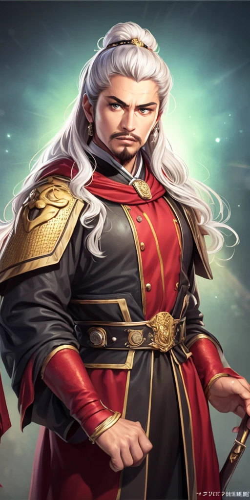 1 male, (platinum hair), ((very long curly hair)), perfect face, extreme detail, charming oval face, glowing skin, detailed hair,(The elaborately crafted coat of arms of a nobleman),Black hair short hair,big black eyes,clear eye description, delicate hands, Perfect hand shape, character art, action pose,masterpiece,Realistic RAW photos of the highest quality,bright colors,rich colors, backlight, movie lights, film grain,50mm lens