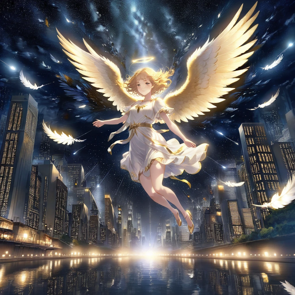 The image depicts a female angel floating above a city at night.。. The city lights shine golden、Create a dramatic atmosphere, Its delicate presence and black feathers contrast with the urban environment.。. Women seem protective and cautious.