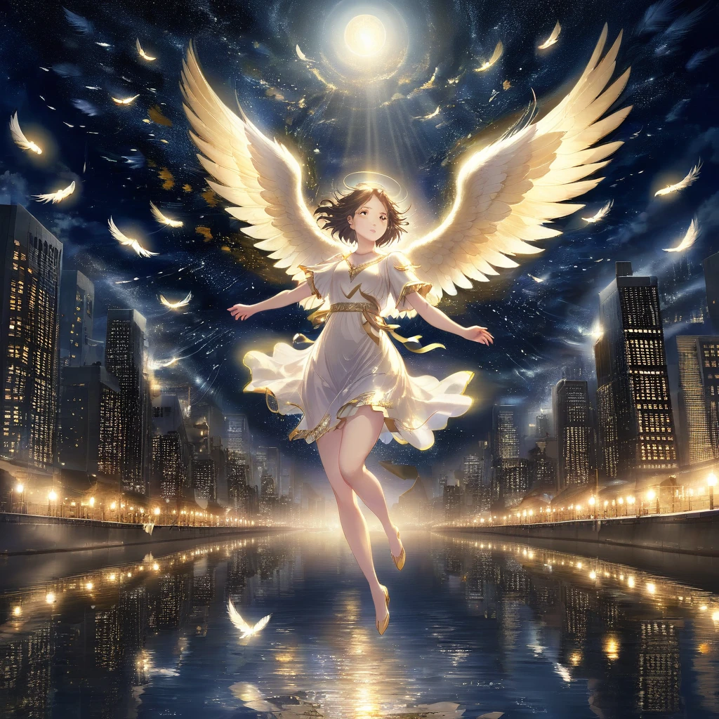 The image depicts a female angel floating above a city at night.。. The city lights shine golden、Create a dramatic atmosphere, Its delicate presence and black feathers contrast with the urban environment.。. Women seem protective and cautious.