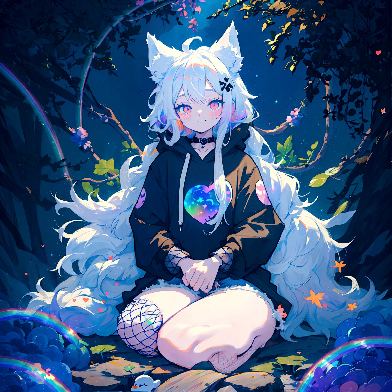 a cute adult male with wolf ears, long white hair, long locks, has a wolf tail, wearing a loose cropped black hoodie, wearing a pair of denim short shorts and fishnet stockings, thick thighs, wide hips, relaxing on mountain of fluffy multi colored kawaii plushies, short, very slim, showing slender tummy, heart on hoodie, squishy thighs, has glowing blue eyes. alone, solo (ALONE)(SOLO), surrounded by rainbows, colorful galaxy backround, smiling, ontop of a pile of fluffy plushes, plushies everywhere, kawaii plushies, surrounded by bubbles, surrounded by rainbow leaves