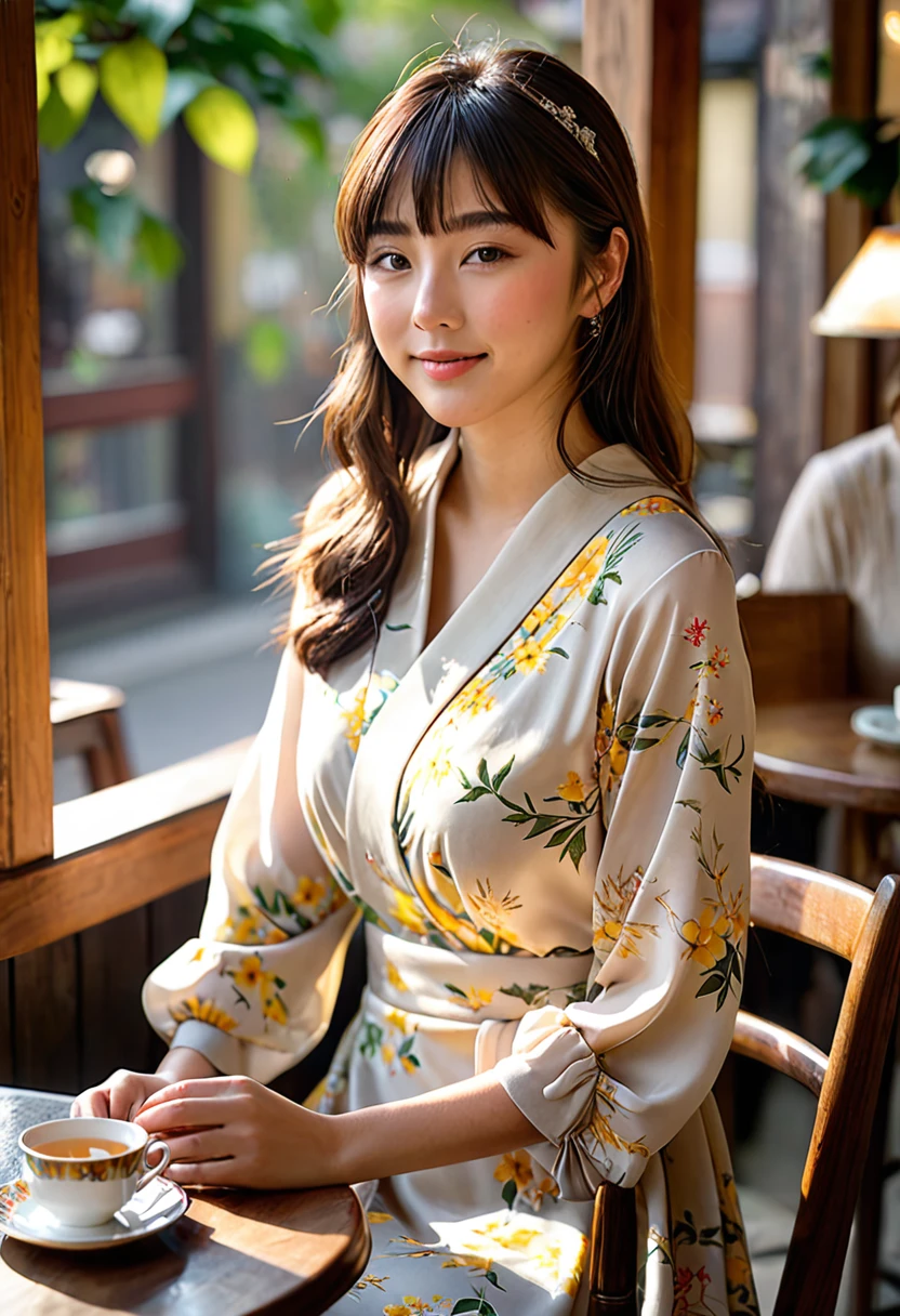 (Highest quality,8K quality,masterpiece:1.3),(Ultra-high resolution,Realistic:1.4,Live Shooting),(Very detailed,Caustics),(Ultra-Realistic Capture,(((Afternoon tea))),Beautiful and detailed skin),19 years old,Beautiful Japanese, Medium Hair, Asymmetrical bangs, Brown Hair, I'm looking at the camera with a smile on my face,Soft Light,A ray of light shining from above,Natural light，((Summer Dresses))，(((One person))),Cafe Terrace,Tea making facilities