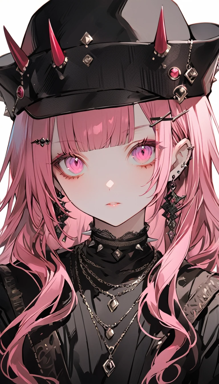 an anime girl with pinkes Haar, schwarze Haut, und Hut mit Spikes, Schmuck, 1 Mädchen, pinkes Haar, Allein, lange Haare, hat, Ohrringe, schwarze Kopfbedeckung, Betrachter betrachten, rosa Augen, Halskette, Oberkörper, Haarverzierung, Einfacher Hintergrund, Haarklammer, weißer Hintergrund, bangs