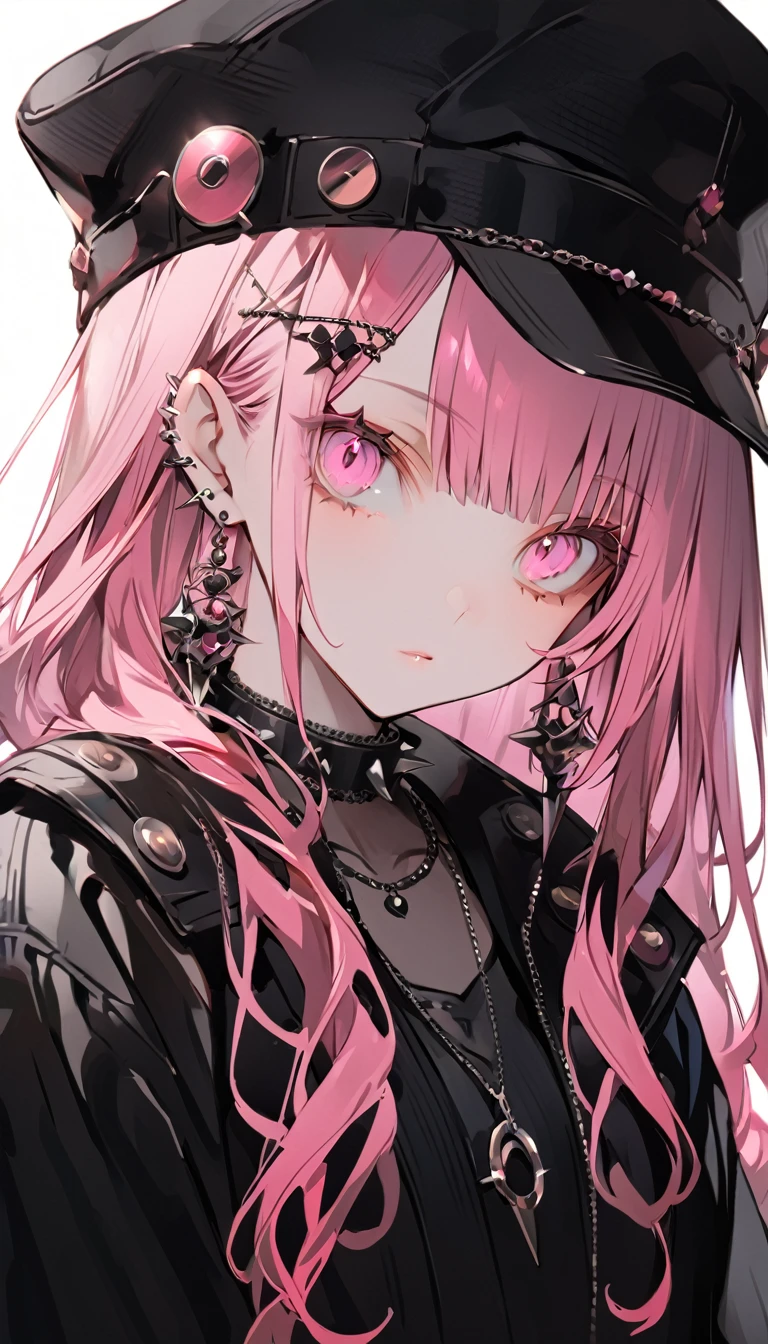 an anime girl with pink hair, black skin, and hat with spikes, jewelry, 1girl, pink hair, solo, long hair, hat, earrings, black headwear, looking at viewer, pink eyes, necklace, upper body, hair ornament, simple background, hairclip, white background, bangs