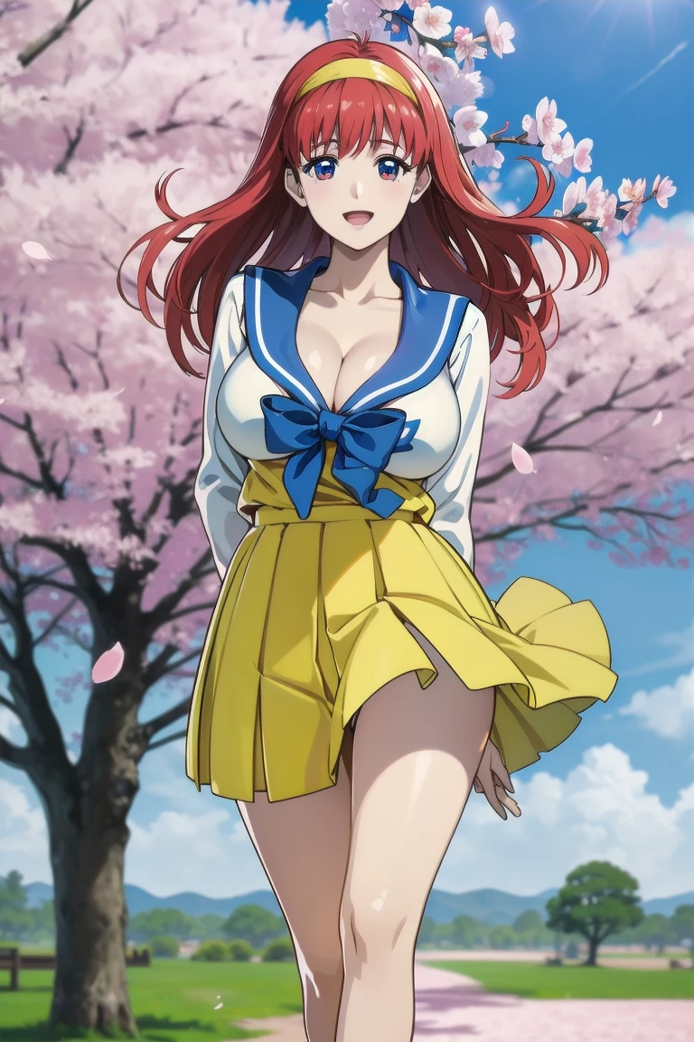 (Very exquisite beautiful face and eyes:1.2),(Laugh together),((Large Breasts))、Skirt fluttering in the wind、Fresh Skin、Beautiful feet,Sailor suit、,Redhead、Yellow headband、cherry blossoms、(((Cleavage、Areola、)))
(Highest quality,masterpiece:1.2),1 Girl,Observe the audience,
Natural light,Hair blowing in the wind,Beautifully detailed skies,