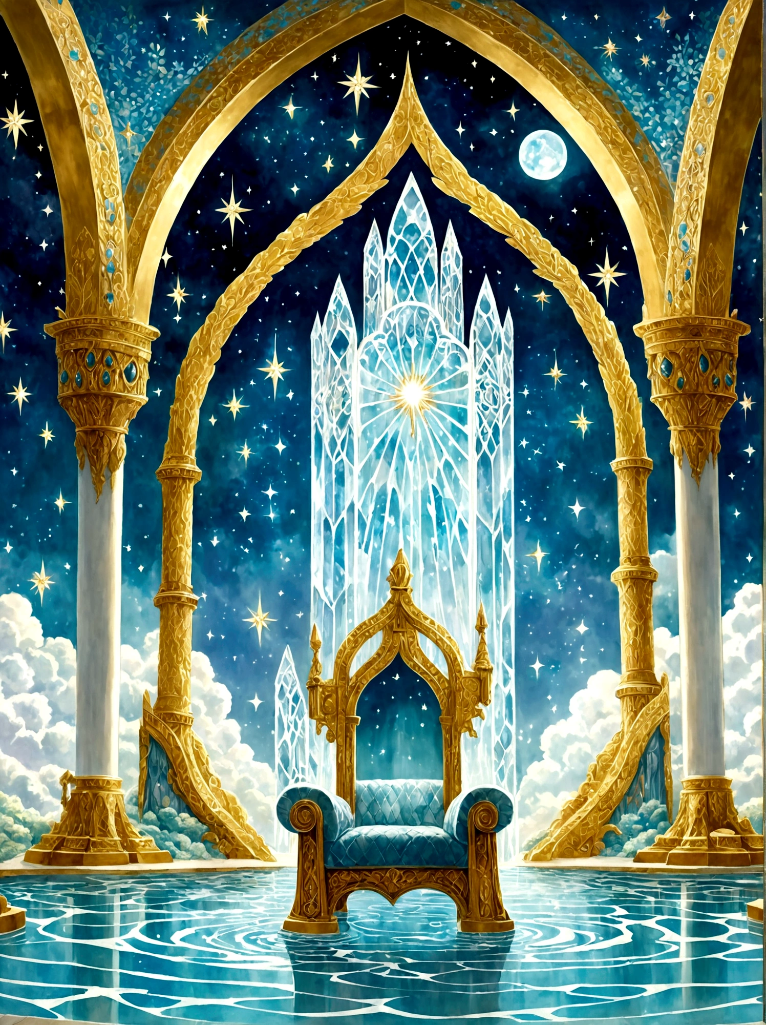 Imagine a majestic throne room beyond the human realm, as described in the first book of Enoch, The room is filled with grandeur, dominated by an enormous throne made of pure, shimmering crystal. Beside the throne, four rivulets of water spring forth, symbolizing the four rivers of paradise, The room is brightly illuminated by radiant light, and the floor is like a radiant, clear crystal, Beautifully carved pearly gates lead into the chamber, while myriad stars twinkle high above in the vaulted, celestial ceiling, A soft, ethereal mist permeates the air, further enhancing the mystical atmosphere