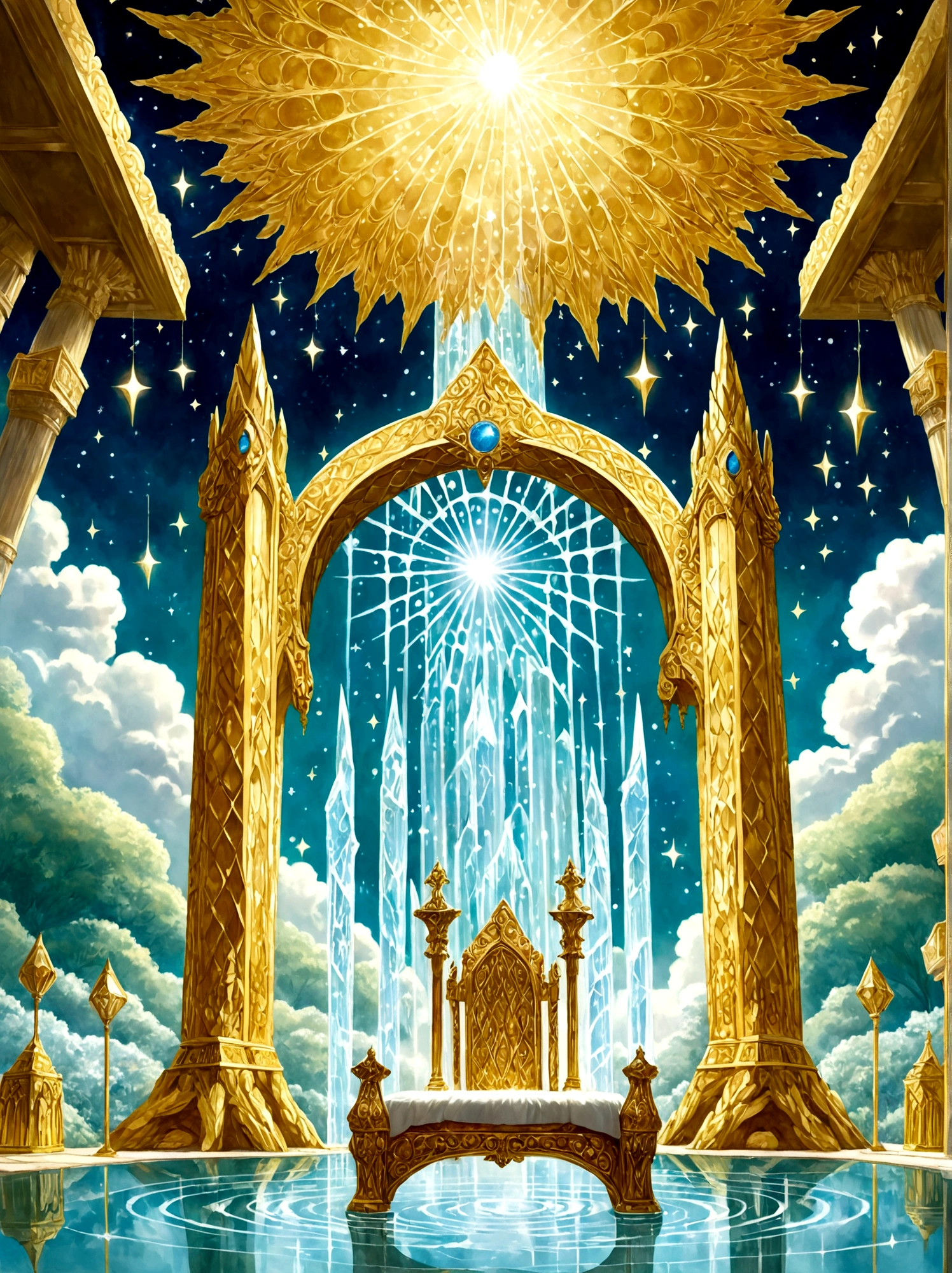 Imagine a majestic throne room beyond the human realm, as described in the first book of Enoch, The room is filled with grandeur, dominated by an enormous throne made of pure, shimmering crystal. Beside the throne, four rivulets of water spring forth, symbolizing the four rivers of paradise, The room is brightly illuminated by radiant light, and the floor is like a radiant, clear crystal, Beautifully carved pearly gates lead into the chamber, while myriad stars twinkle high above in the vaulted, celestial ceiling, A soft, ethereal mist permeates the air, further enhancing the mystical atmosphere