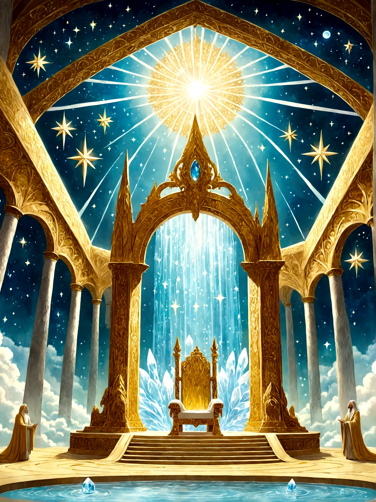 Imagine uma majestosa sala do trono além do reino humano, conforme descrito no primeiro livro de Enoque, A sala está cheia de grandeza, dominado por um enorme trono feito de puro, cristal cintilante. Ao lado do trono, quatro riachos de água brotam, simbolizando os quatro rios do paraíso, A sala está fortemente iluminada por luz radiante, e o chão é como um radiante, cristal transparente, Portões perolados lindamente esculpidos conduzem à câmara, enquanto uma miríade de estrelas brilham no alto da abóbada, teto celestial, Um leve, névoa etérea permeia o ar, melhorando ainda mais a atmosfera mística
