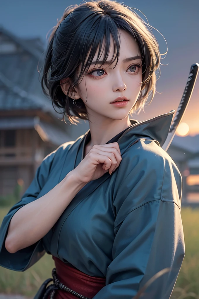 Highest quality, masterpiece, High resolution, alone, （Rurouni Kenshin: Saito Hajime），（Saito ‗Hajime），Shinsengumi，（Glaring Eyes），roar，((Dentitions)) ， (Japanese sword)，Iron Sword，thrust，Evening sky_background，Young Girl，Anime Style, Highest quality, 4K, masterpiece,， alone, 1,whole body，looking at the camera, Shinkai Makoto style, （dark blue_coat）Sharp Eyes，Low posture，（Full Finger）, （Accurate fingertips）, （The finer details）, （Anatomically correct）, (映画のbackground), Hyper Detail, (Subtle details), (Intricate details),