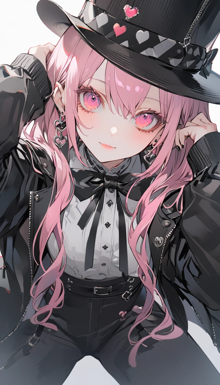 un personnage de jeu vidéo de style anime avec des cheveux roses et une veste noire et blanche, 1fille, seulement, a, cheveux longs, top a, cœur, arc, des boucles d&#39;oreilles, arctie, bijoux, pantalon noir, regarder le spectateur, black arc, fond simple, couvre-chef noir, chemise