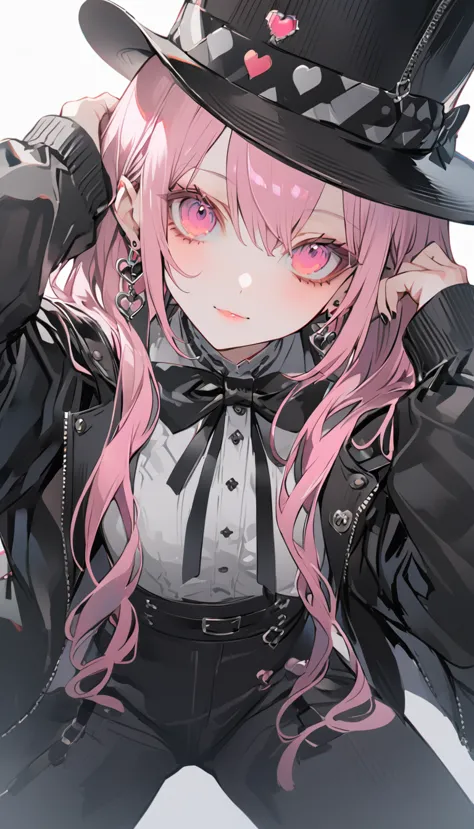 an anime style video game character with pink hair and black and white jacket, 1girl, solo, hat, long hair, top hat, heart, bow,...