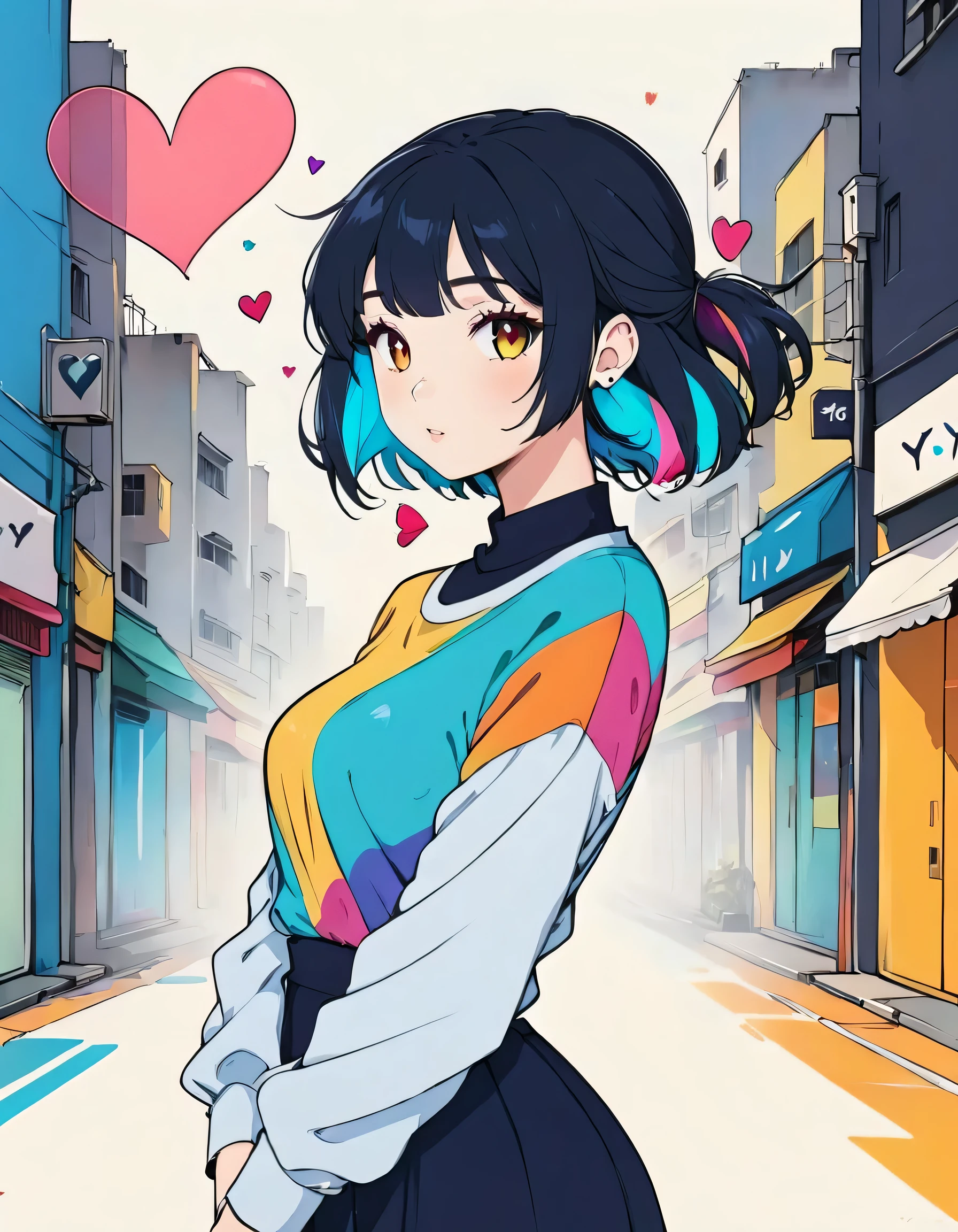 Mai Yoneyama style, Simple Line Initialism，Abstract art，Urban Background, colorful hearts ,(((The most beautiful girl of all time))),