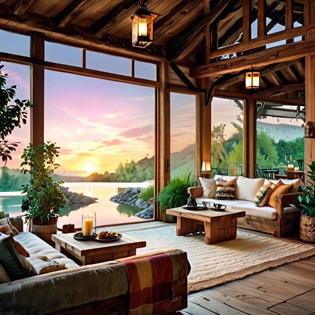 A cozy and rustic living room with a picturesque sunset view over a tranquil lake. The space is adorned with wooden furniture, including a large, inviting sofa covered in soft throws and pillows. A rustic coffee table sits in the center, surrounded by warm-toned decor elements. The room features floor-to-ceiling glass doors that open to the outside, blending indoor and outdoor living. Lanterns and candles provide a gentle, ambient glow, complemented by lush indoor plants that add to the serene and natural vibe of the space.