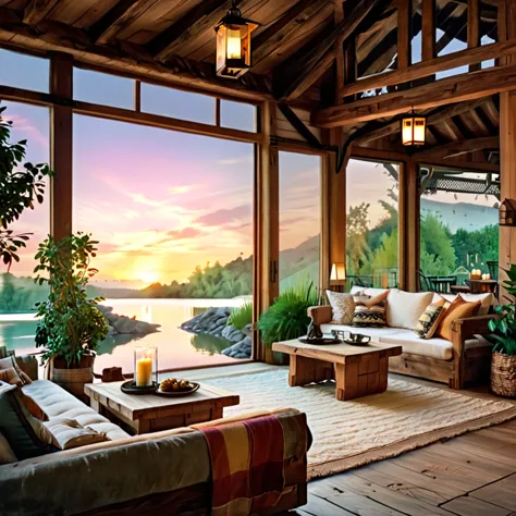 A cozy and rustic living room with a picturesque sunset view over a tranquil lake. The space is adorned with wooden furniture, i...