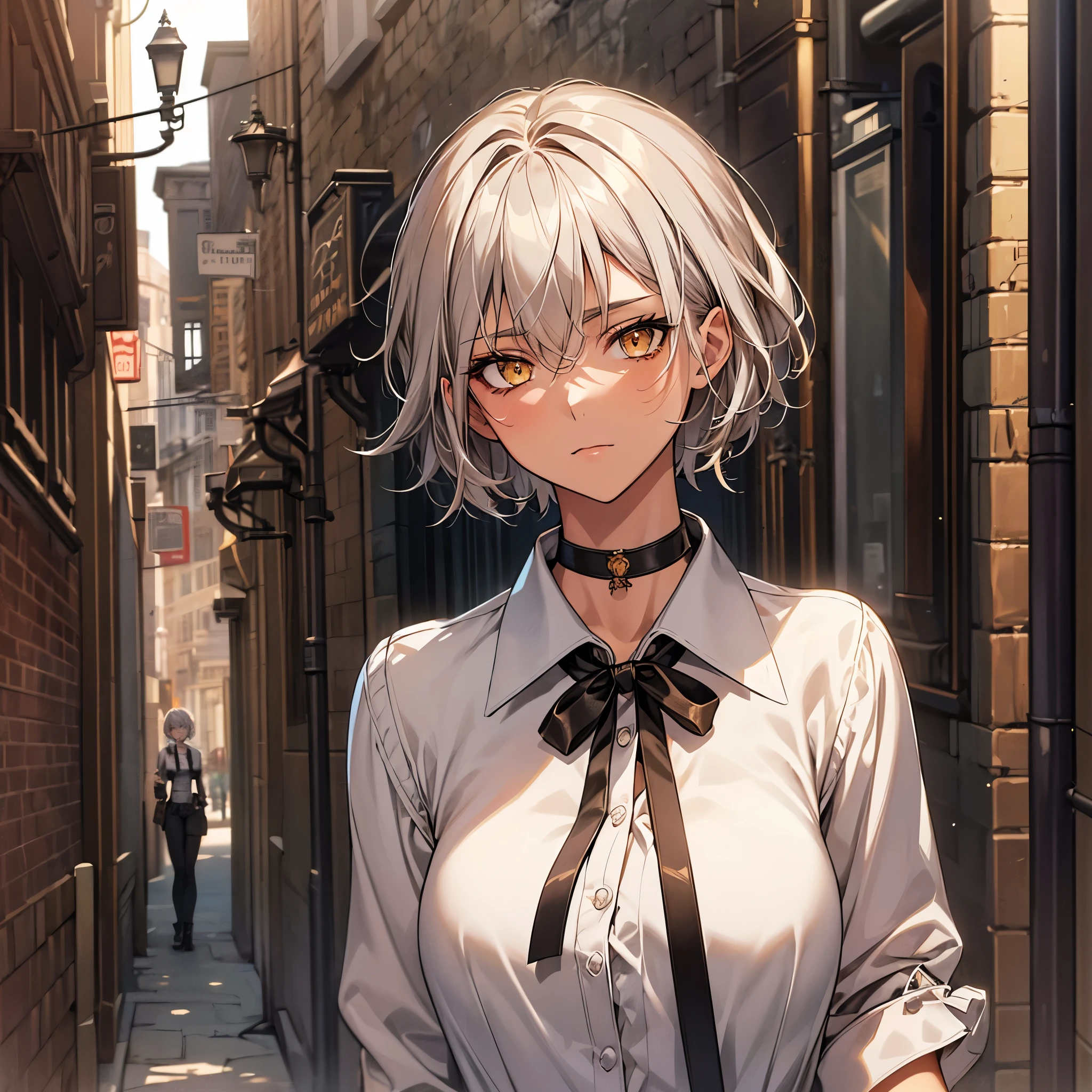 masterpiece, Highest quality, Perfect Face, Highest Resolution, Highest quality,Detailed depiction of the eyes, 1 girl, young, slender body, Short, deep tan skin, slate gray hair, short hair, upturned eyes, Yellow Orange eyes, Perfect Anatomy, steampunk, ribbon choker, Work clothes, Pistol, Shoot a gun, city, alley, night