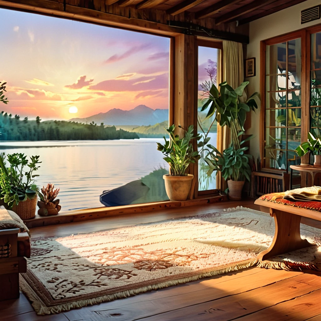 A cozy and rustic living room with a large open window view of a sunset over a serene lake. The room features warm wooden furniture, soft textured rugs, and earthy tones. The space is filled with indoor plants, vintage decorations, and ambient lighting that creates a relaxing and inviting atmosphere