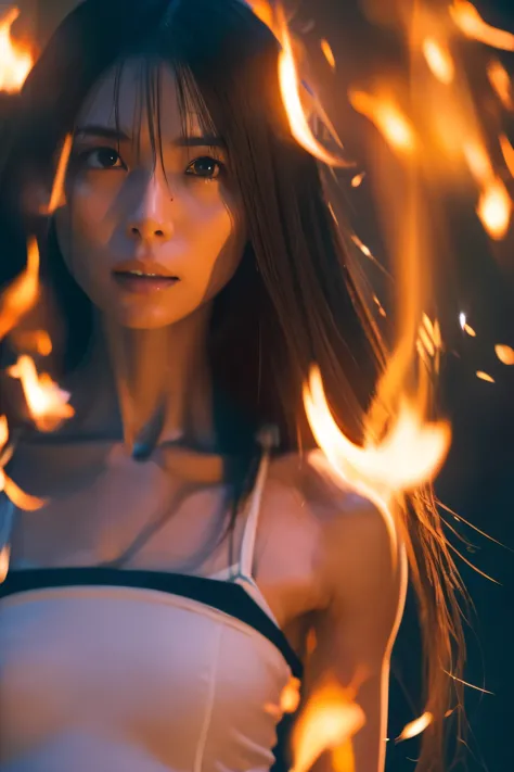 ((Correct human body structure)), (detailed face, detailed eyes), A Japanese woman, on fire