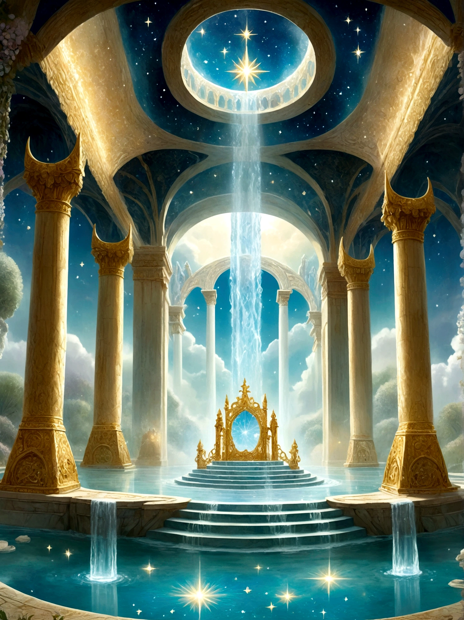 Представьте себе величественный тронный зал за пределами человеческого царства., как описано в первой книге Еноха, Комната наполнена величием, во главе которого стоит огромный трон, сделанный из чистого, мерцающий кристалл. Рядом с троном, вырываются четыре ручья воды, символизирующий четыре райские реки, Комната ярко освещена сияющим светом, и пол словно сияет, прозрачный кристалл, В комнату ведут красиво резные жемчужные ворота., в то время как мириады звезд мерцают высоко над сводами, небесный потолок, Мягкий, эфирный туман пронизывает воздух, дальнейшее усиление мистической атмосферы