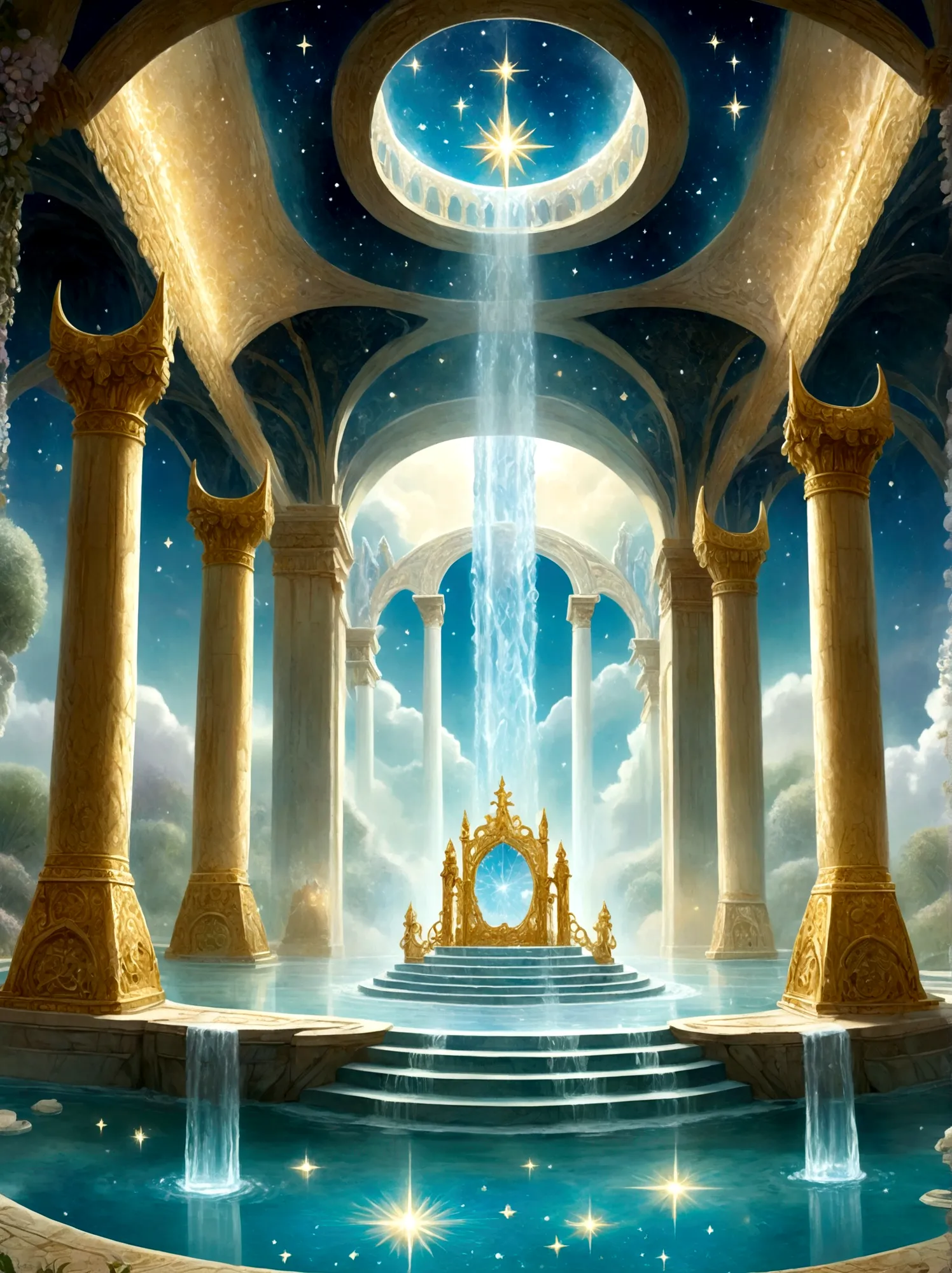 Imagine a majestic throne room beyond the human realm, as described in the first book of Enoch, The room is filled with grandeur...