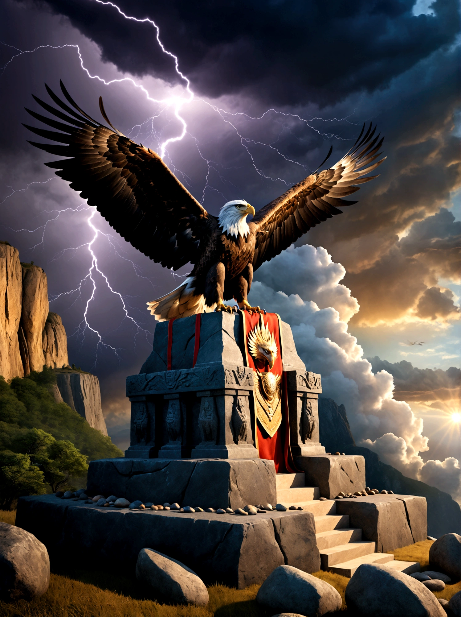 Illustrate a conceptual scene signifying power, Visualize an ancient stone throne, situated at the peak of a soaring cliff, The sky behind the throne anticipates an impending storm, and the wind forcefully sweeps the cliff, tossing loose rocks aside. An eagle, symbol of strength and majesty, soars above the throne, Lightning strikes in the distant horizon complete the scene, This scene symbolizes strength, leadership, and dominance, embodying the abstract concept of power