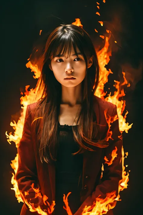 ((Correct human body structure)), (detailed face, detailed eyes), A Japanese woman, a look of sorrow,  background on fire, blazi...