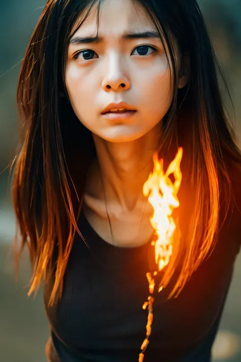 ((correct human body structure)), (detailed face, detailed eyes), a japanese woman, a look of sorrow,  background on fire, blazi...