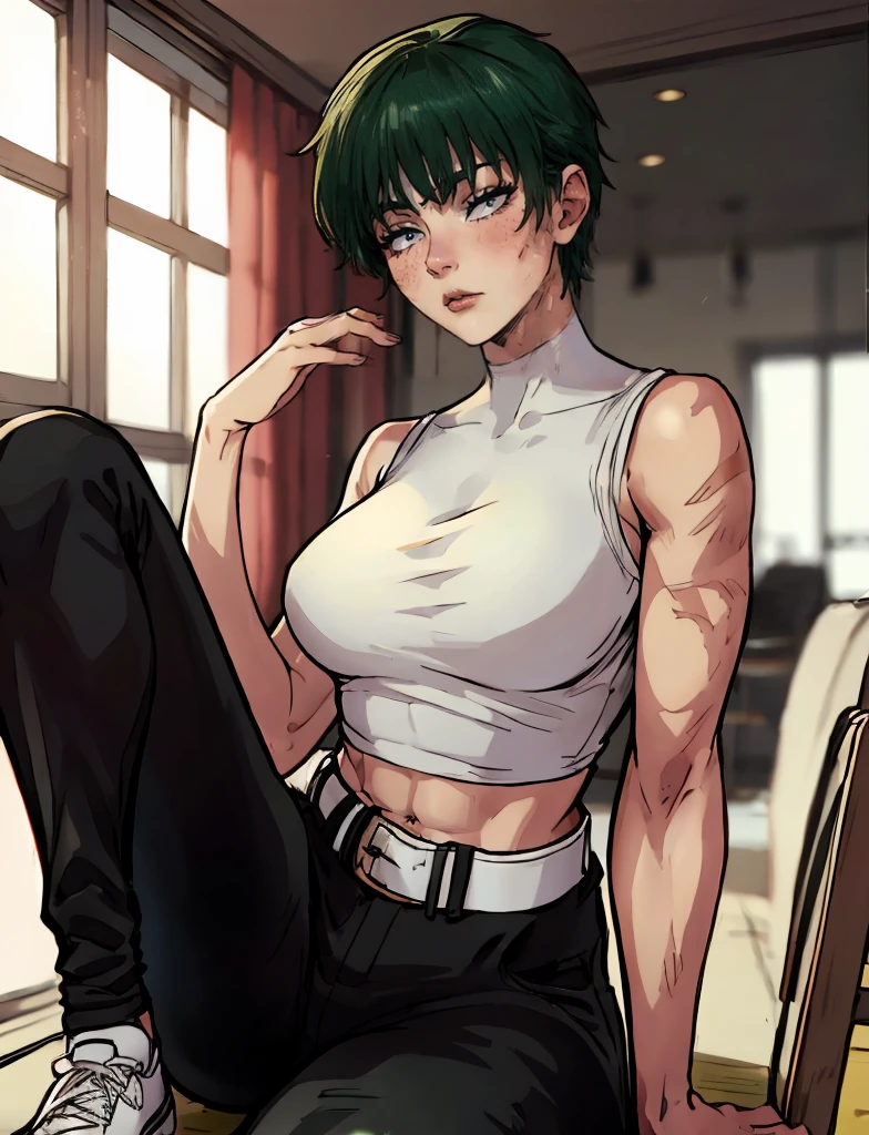 Maki Zenin LoRA, 1girl, black crop top, sleeveless shirt, black tucked pants, white belt, scar on body, short green hair, curvy body, short height, attitude, medium breasts, showing abs, black pants, short green hair, yellow eyes, shiny yellow eyes, fully clothed, black shoes, beautiful eyes, beautiful view, clear eyes, beautiful quality, perfect anatomy, tall, serious gaze, close up to viewer, sitting on a chair, indoors, close to window, sensual seductive, erotica, perfect anatomy, slim body, short hair, 