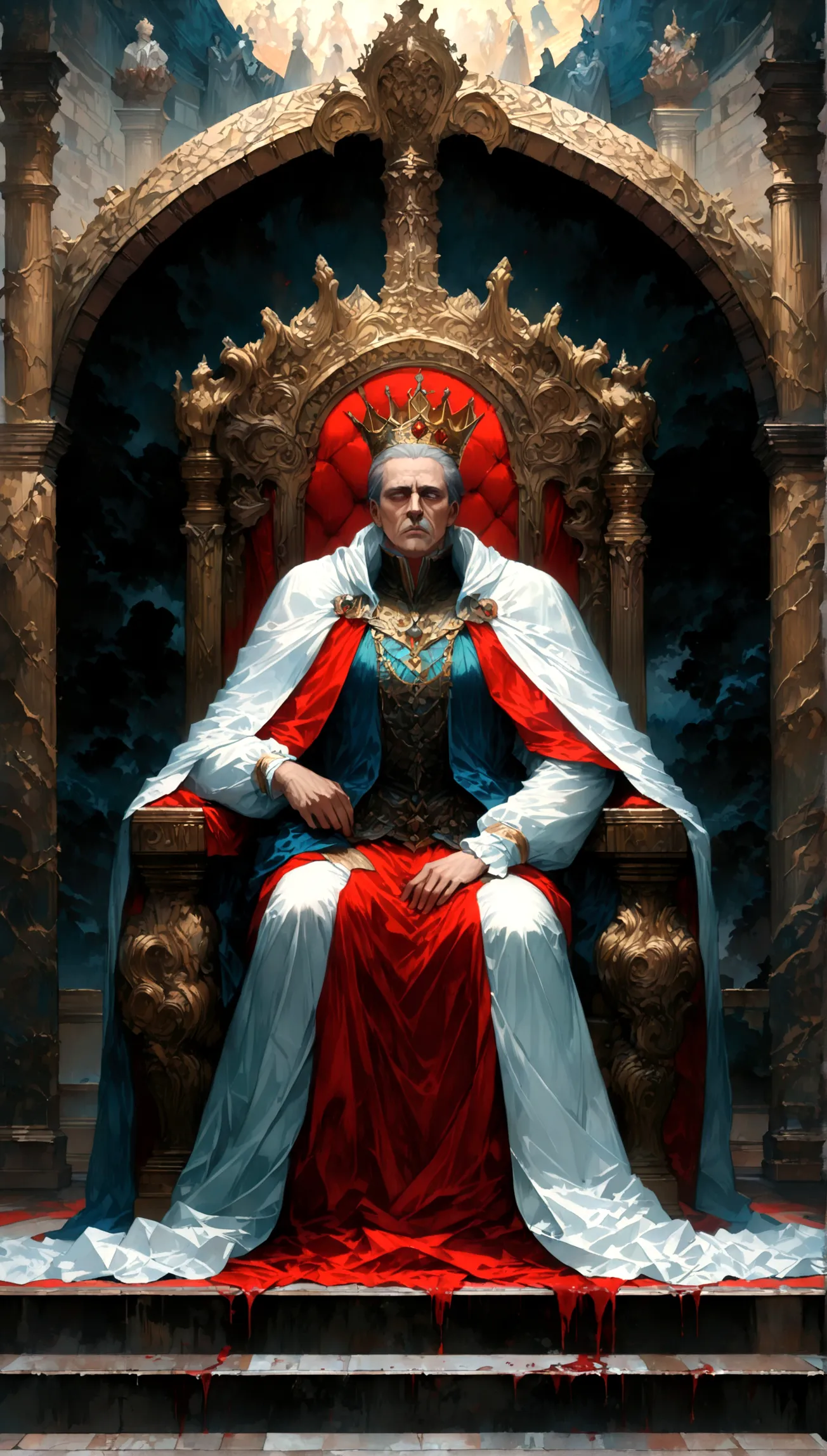 Throne room scenery,oil painting style,Draw the king sitting on the throne in the top half of the image,Draw the subjects prostr...