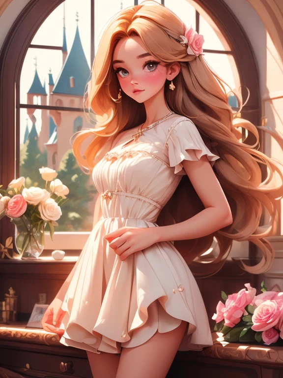 Young Welsh goddess of love and beauty, Castle window, Flowers, Brown straight hair, Layered Hairstyles, Baby Face，low length，Flat Chest，Very short white dress (Stylish dresses for princesses), Birds at her side, Seductive appearance, Dreamy Light, Magic Castle, (Highest quality, 4K, 8K, High resolution, masterpiece:1.2), Super detailed, Portraiture, Vibrant colors, Soft Light, Clear quality, 超High resolution，