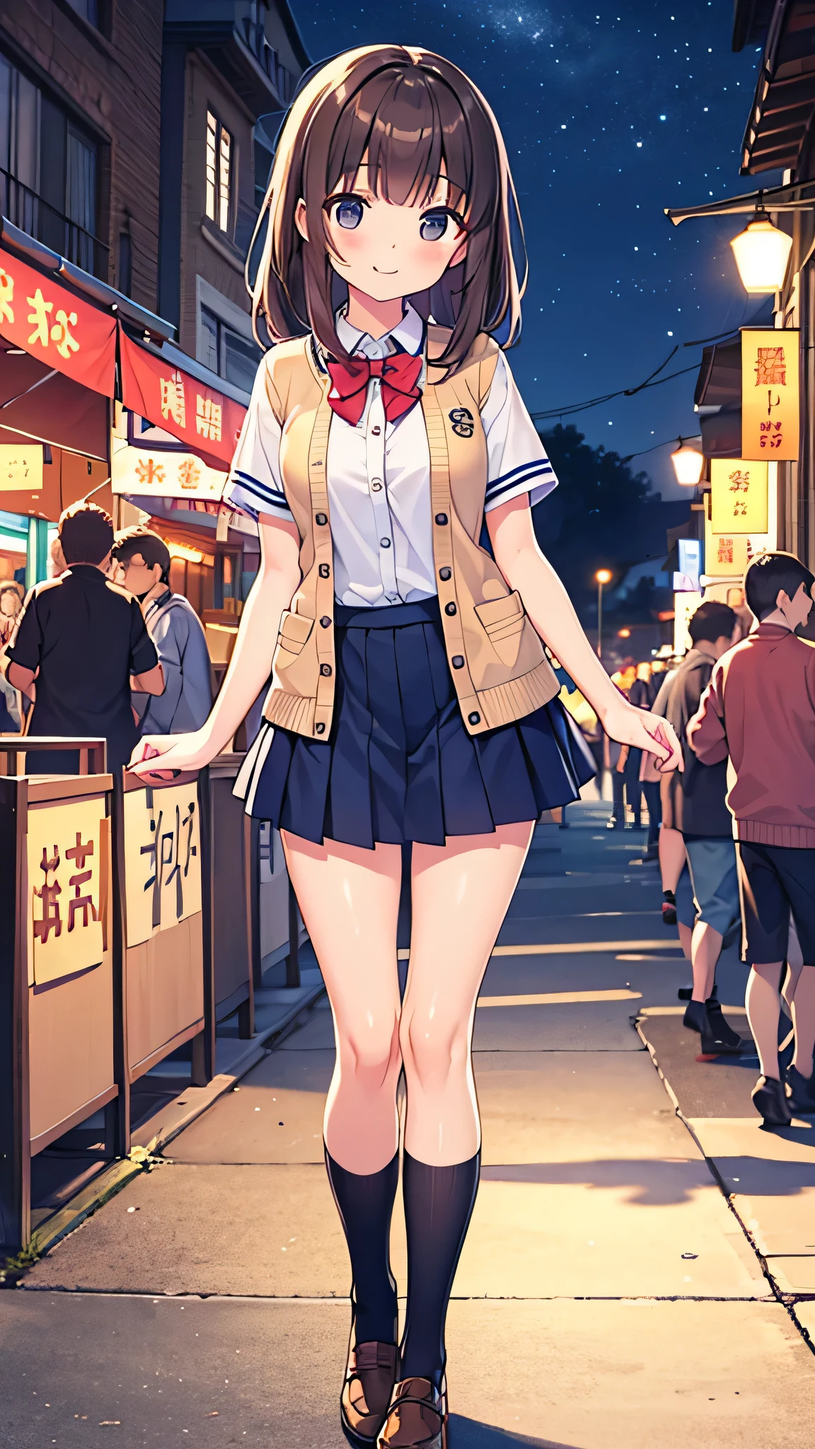 {Highest quality], [Super beautiful], [Ultra fine], [Best illustration], NSFW,Brown Hair, Hime cut, Long Hair, With bangs, girl,,uniform,knit cardigan,Short sleeve,skirt,smile, blush, Slender women,Standing posture,(Public),Night Park,Summer festival,diagonal, Navy blue knee socks,Black loafa