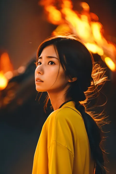 ((Correct human body structure)), (detailed face, detailed eyes), A Japanese woman, a look of sorrow,  background on fire, blazi...