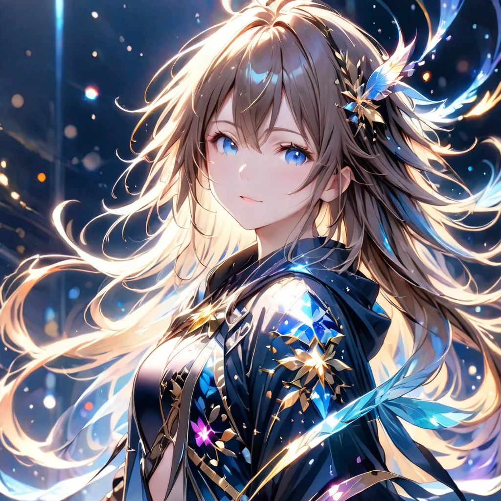 (8K, Highest quality, masterpiece:1.2),(Highest quality:1.0), (Ultra-high resolution:1.0), watercolor, Beautiful woman, shoulder, Costumes adorned with light refraction、Twinkling of the stars、Diamond Sparkle、Hair Ribbon, Agnes Cecil, Half Body Portrait, Super bright design, pastel colour, (ink:1.3), Autumn Light,