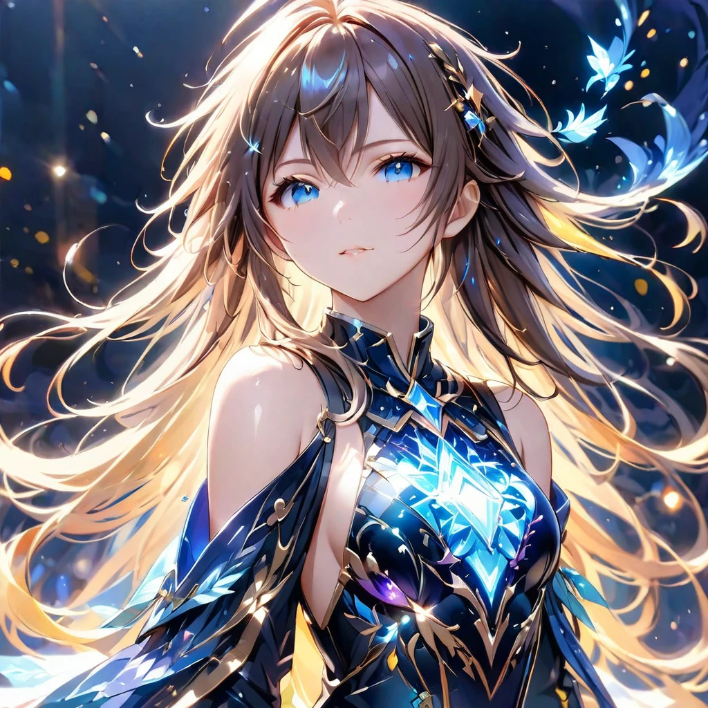 (8K, Highest quality, masterpiece:1.2),(Highest quality:1.0), (Ultra-high resolution:1.0), watercolor, Beautiful woman, shoulder, Costumes adorned with light refraction、Twinkling of the stars、Diamond Sparkle、Hair Ribbon, Agnes Cecil, Half Body Portrait, Super bright design, pastel colour, (ink:1.3), Autumn Light,