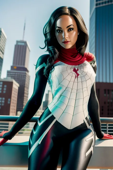 Detailed picture of Lindsey Strutt dressed as Spider-Gwen, hood, white and black, into the spider-verse, fully clothed, skin tig...