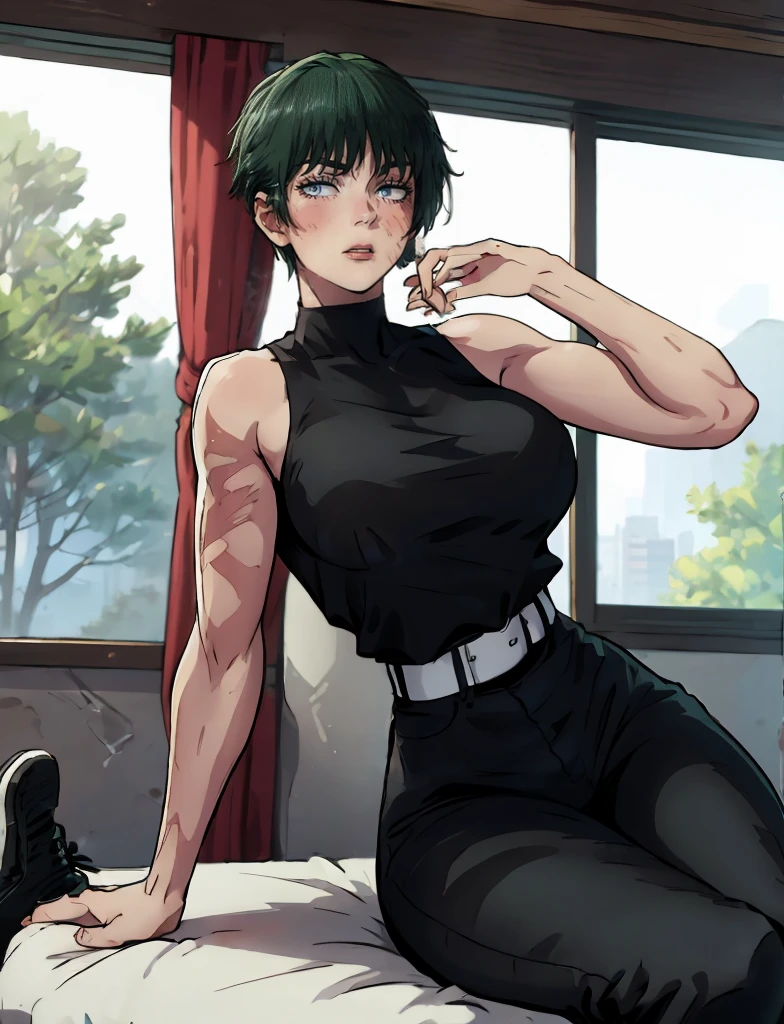 Maki Zenin LoRA, 1girl, black crop top, sleeveless shirt, black tucked pants, white belt, scar on body, short green hair, curvy body, short height, attitude, medium breasts, fully clothed, black shoes, beautiful eyes, beautiful view, clear eyes, beautiful quality, perfect anatomy, tall, serious gaze, close up to viewer, sitting on a chair, indoors, close to window, sensual seductive, erotica, perfect anatomy, slim body, short hair, 