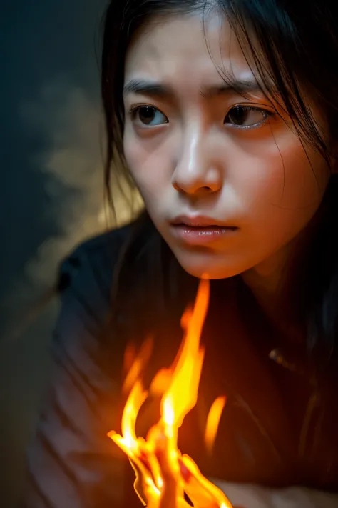 ((Correct human body structure)), (detailed face, detailed eyes), A Japanese woman, a look of sorrow, background on fire, blazin...