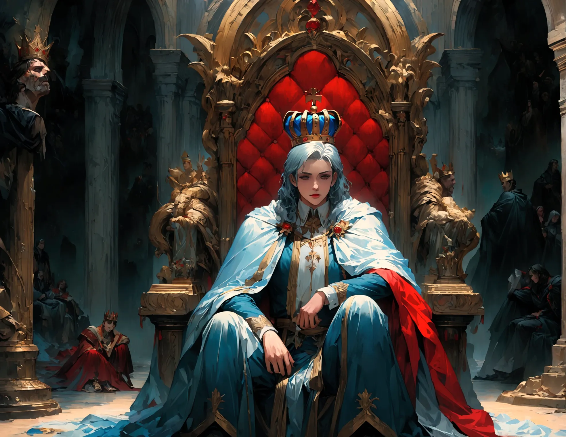 Throne room scenery,oil painting style,king sitting on the throne,Subjects prostrating,A king with absolute power who looks down...